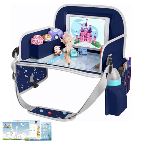MENZOKE Car Seat Tray for Kids with Educational Drawing Board, Tablet Holder & Cooler Cup Holder, Essential for Car Travel & Airplane Trips, Space Pattern Design, Dark Blue - color: Navy Space