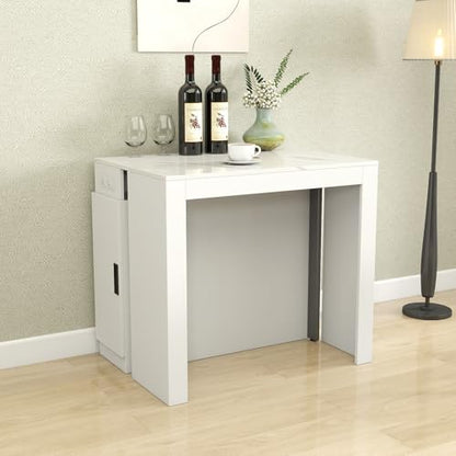 24"-118" Extendable Dining Table with Storage for 2-12 People, Modern Space-Saving Extra Long Wood Folding Table with USB & AC Outlets, Multifunctional Conference Meeting Table, White Marble - color: White Marble, style: 24" - 118.5" (2-12 People)