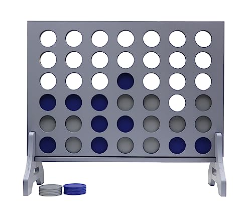 Giant 4 in a Row Game for Family & Adults – Tailgating Pros Jumbo Grey Wooden Four in a Row Indoor & Outdoor Yard Game for Family Party Fun, Portable Activities for Patio, Backyard, and Camping - color: Blue / Silver