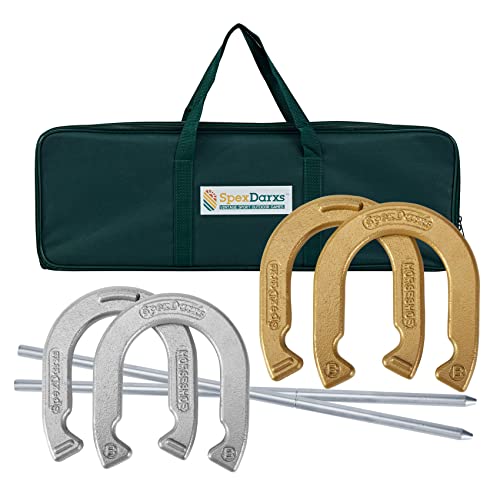 SpexDarxs Horseshoes Set, Lawn Horseshoe Outside Game Kit for Teens Adults Families - Includes 4 Horse Shoes, 2 Stakes and Carrying Case