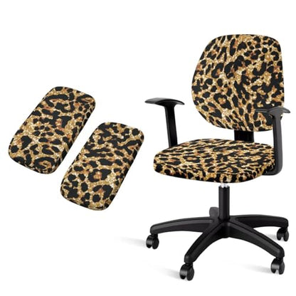 Leopard Print Desk Chair Cover Stretchable 4-Pc Set Office Chair Arm Cushion Washable Office Chair Seat Cover for Gaming and Computer Setup - color: Leopard Print