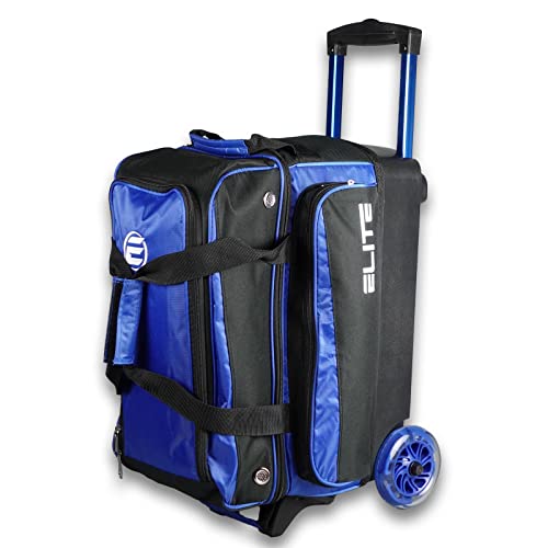 ELITE Deluxe 2 Ball Bowling Bag with 5" Smooth Wheels - Large Accessory Pocket, Shoe Compartment, 36" Extendable Handle - color: Royal