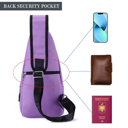 Seoky Rop Men Women Sling Backpack Nylon Water Resistant Shoulder Chest Crossbody Sling Bag with USB Charging Port - color: Purple
