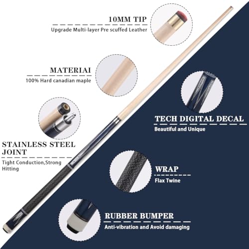 10mm11mm12mm13mm Billiard Pool Cue Stick Set, 20 oz 58 inch Canadian Maple Cue Stick Irish Linen Wrap, Cue Stick for Beginner, Commercial and Home Entertainment - color: 10mm Royal Blue with case