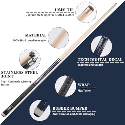 10mm11mm12mm13mm Billiard Pool Cue Stick Set, 20 oz 58 inch Canadian Maple Cue Stick Irish Linen Wrap, Cue Stick for Beginner, Commercial and Home Entertainment - color: 10mm Royal Blue with case