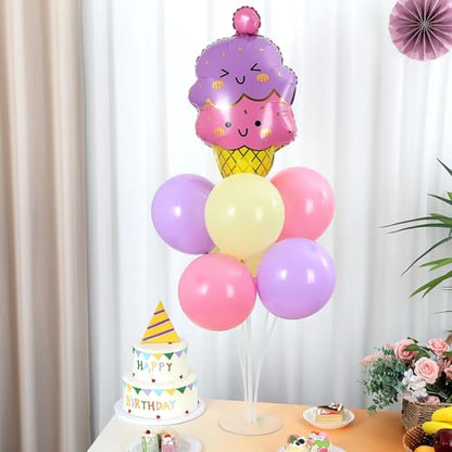 Ice Cream Party Balloons Stand Kit 2 Sets with 2 Macaron Ice Cream Foil Balloons Pastel Sweet One Birthday Balloon Centerpiece for Tables for Girl Birthday Valentine's Day Baby Shower Party Decoration - style: Ice Cream