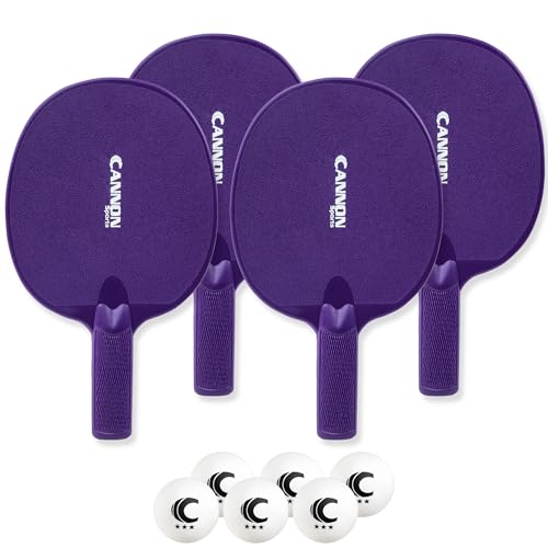 Cannon Sports Unbreakable Table Tennis Paddle Set - 4 Rackets with 6 Pack of 3-Star Table Tennis Balls – Portable Set for 4 Players - color: 4 Purple Paddles + 6 White Balls