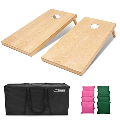GoSports Regulation Size Wooden Cornhole Set with Natural Wood Finish - Includes Carrying Case - color: Dark Green & Pink