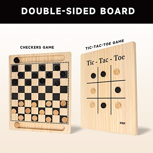 GSE Games & Sports Expert 2-in-1 Reversible Natural Wood Checkers and Tic-Tac-Toe Board Combo Set with Game Pieces, Family Game for Kids & Adults
