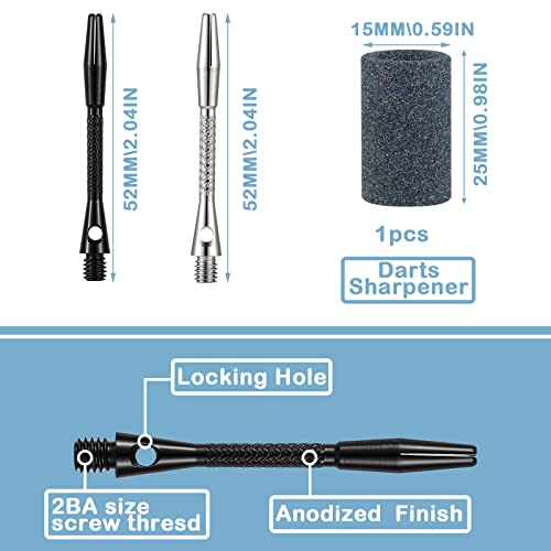 24 Pieces Aluminum Dart Shafts Shafts for Darts Steel Tip Soft Tip Dart Accessories 1.97 Inches Hard Metal Dart Stems with Rubber O Rings Darts Sharpener for Sports Outdoor Dart Flight (Black, Silver)