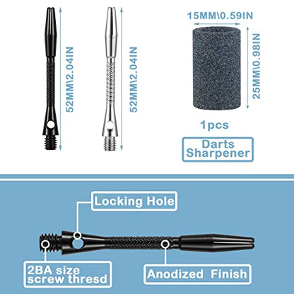 24 Pieces Aluminum Dart Shafts Shafts for Darts Steel Tip Soft Tip Dart Accessories 1.97 Inches Hard Metal Dart Stems with Rubber O Rings Darts Sharpener for Sports Outdoor Dart Flight (Black, Silver)