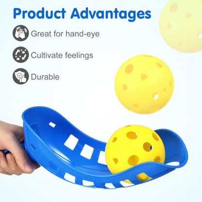 Scoop Ball Toss Game Set with 4 Launchers and 2 Balls Outdoor Backyard Launch and Catch Game for Kids and Family Fun Portable Lightweight Plastic Scoops Suitable for Ages 3 and up