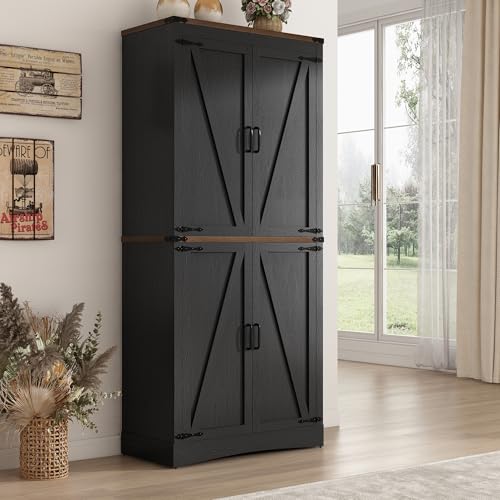 Hlivelood 71" Tall Kitchen Pantry,Farmhouse Storage Cabinet with Adjustable Shelves,Load-Bearing Steel Pipe,Farmhouse Pantry Cabinet with 4 Barn Doors,for Kitchen,Dining Room,Living Room(Black) - color: Black, style: 4 Doors