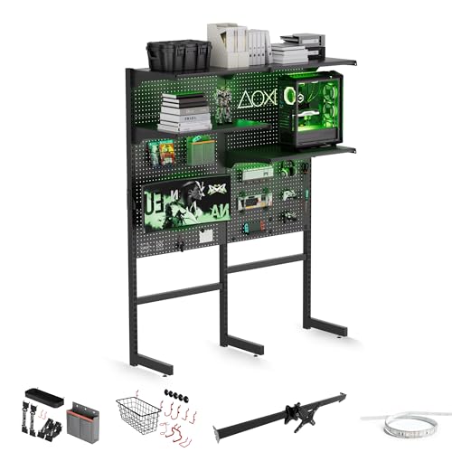 X-Win Gaming Free Standing Pegboard, Home Office Metal Standing Shelf Units for Desk, Floor Display Shelf Organizer with 28 Pieces Accessories for Bedroom