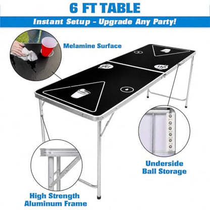 GoPong 6-Foot Cup Pong Table - Portable Folding Small Table for Party Games | Perfect for Indoor and Outdoor Games - Flip Cup Table with 6 Seamless Balls for Perfect Bounce