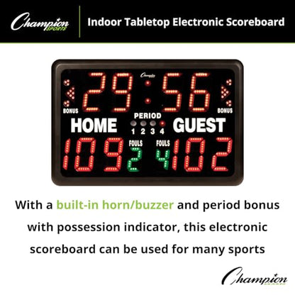Champion Sports Electronic Scoreboard, Multi-Sport Tabletop Indoor, 24" L x 16" H x 10" D, Black, (Model: T90)