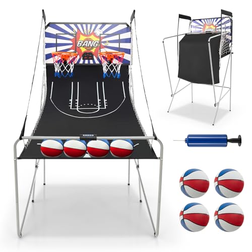 GYMAX Arcade Basketball Game Indoor Foldable with 8 Game Modes, Arcade Sound, 4 Balls and Inflation Pump, Electronic Basketball Games for Home - color: White+blue