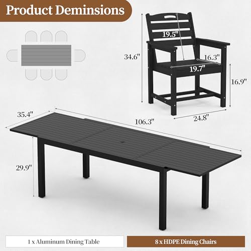 PIZZELLO 9 Pieces Outdoor Dining Set, 106" Extendable Aluminum Patio Dining Table w/ 8Pcs HDPE Patio Chairs, All Weather Outdoor Table and Chairs Sets for Backyard, Garden and Deck - size: 106"Table + 8 HDPE Chairs