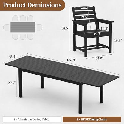 PIZZELLO 9 Pieces Outdoor Dining Set, 106" Extendable Aluminum Patio Dining Table w/ 8Pcs HDPE Patio Chairs, All Weather Outdoor Table and Chairs Sets for Backyard, Garden and Deck - size: 106"Table + 8 HDPE Chairs