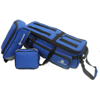 Pyramid Path Triple Tote Roller Plus Bowling Bag with Detachable Shoe Bag (Fits US Mens Size 15), Accessory and Side Pocket, Lightweight Travel Design - color: Silver/Royal Blue