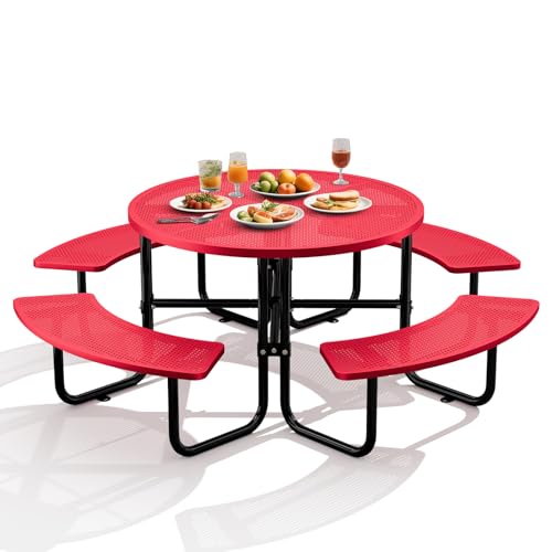 83" Round Heavy Duty Picnic Table for Outdoors Commercial Camping Table with Umbrella Hole up to 1.78" Red Coated Steel Frame Waterproof Rust Resistant 3200 lbs Load Capacity - color: Red, size: Round
