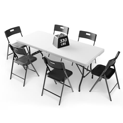 Portable 6-Piece Folding Table and Chairs Set – Heavy-Duty 6ft Camping & Party Furniture for Indoor/Outdoor Events (All-Weather, Black) - color: White Table & Black Chairs, size: 6ft, style: 6 chairs