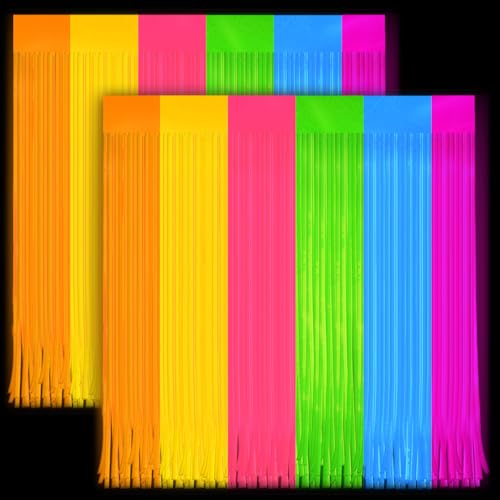 2 Pack Glow in The Dark Curtains Party Supplies 6.6 x 3.3 Ft Glow Tinsel Foil Fringe Curtains Colorful Patchwork Streamer Backdrop for Birthday Holiday Neon Party Decorations - color: Colorful, size: 2 Pack