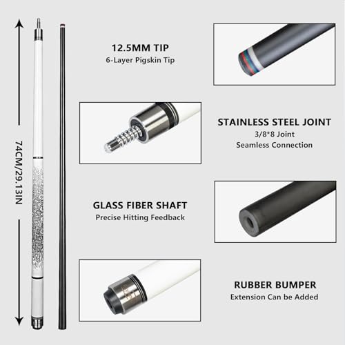 Glass Fiber Pool Cue with Case Canadian Maple Wood Pool Stick Low Deflection Cue Stick Pool Cue Kit with Case,Gloves,Tips and Extension - color: White