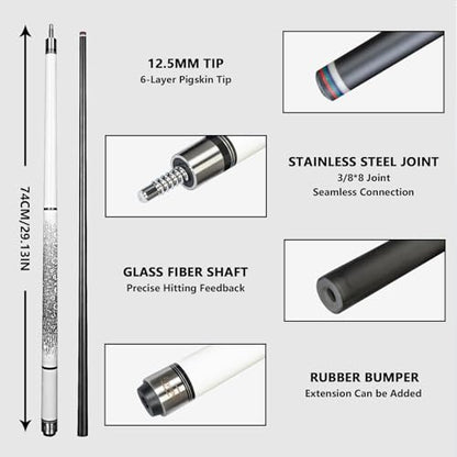 Glass Fiber Pool Cue with Case Canadian Maple Wood Pool Stick Low Deflection Cue Stick Pool Cue Kit with Case,Gloves,Tips and Extension - color: White