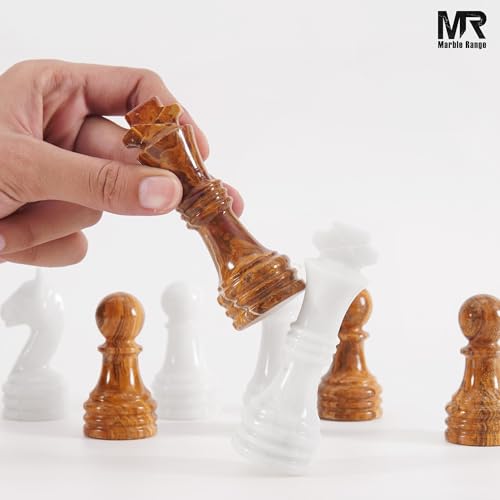 Marble Chess Pieces 3.5 Inch King Handmade White and Dark Brown 32 Chess Figures for Board Games, Suitable for Travel Games - color: White and Dark Brown