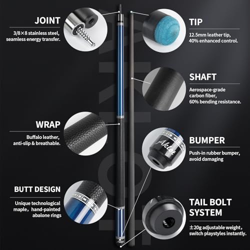 AKLOT Carbon Fiber Pool Cue Stick 58", Billiard Cue Sticks 19-19.5oz, Low Deflection Billiard Stick with 12.5mm Tip, Professional Carbon Fiber Pool Sticks for Adults - color: Deep Sea Gaze