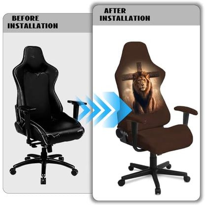 Suobstales Lion Cross Pattern Gaming Chair Cover Cat Scratch Proof Gaming Chair Slipcovers with Armrest, Stretchable Waterproof Office Desk Racing Chair Cover, Universal Fit for Computer Gamer Chairs - color: Lion Cross