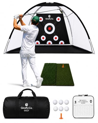 GIRAFFYCO Golf Practice Net with Dual-Turf Mat – Backyard Golf Hitting Net for Driving, Chipping & Swing Training, Includes Target Sheet, 5 Balls, Rubber Tee, Carry Bag & Scoreboard