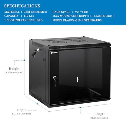 RackPath 9U Wall Mount Network Rack Cabinet – Quiet Cooling Fan, Locking Glass Door, 17.7" Deep (450mm), Removable Locking Side Panels, Fits 19" IT & A/V Equipment - size: 9U