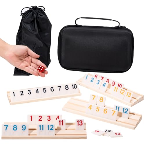 Rummy Cube Game Set, 106 Rummy Tiles with 4 Wooden Racks/Trays, Portable Carrying Case, Classic Family Board Game for Travel and Fun Gatherings - style: 4 players with 106 tiles