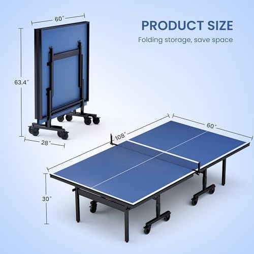 Pinklion Professional Ping Pong Table Set for Outdoor and Indoor, Foldable Table Tennis Table with Net, 2 Paddles, 3 Balls, Adjustable Feet, Easy Assembly, Blue
