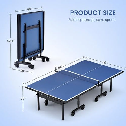 Pinklion Professional Ping Pong Table Set for Outdoor and Indoor, Foldable Table Tennis Table with Net, 2 Paddles, 3 Balls, Adjustable Feet, Easy Assembly, Blue