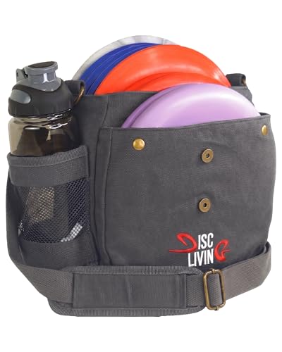 Disc Golf Bag | Frisbee Golf Bag | Easy to Carry | Lightweight Fits Up to 10 Discs | 16 oz Waxed Canvas Sturdy Design | Belt Loop | Double Button Design | Bottle Holder - style: Waxed Canvas - Grey
