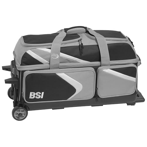 BSI Dash Roller Bowling Bag with Smooth Rolling Wheels, Padded Ball Compartment, Retractable Locking Handle, & Shoe Pocket - color: Black/Gray/White, style: Triple