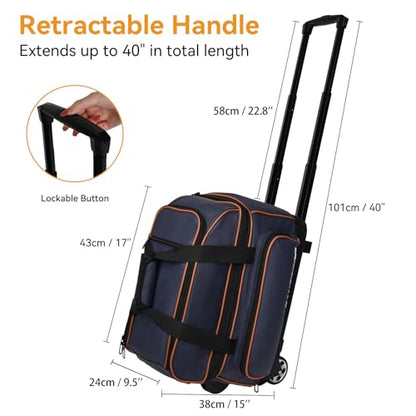2 Ball Bowling Bag with Wheel,900D Oxford Waterproof PU,Dual Roller Bowling Bag with Sturdy Frame,Large Shoe Compartment Fits Up to Men’s 16,Rolling Bowling Tote, Handle Extends to 39.5" - color: Blue