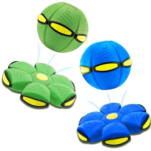 Magic Metaball, Magic Bouncing Ball, 2PCS Magic Flying Saucer Interactive Pop-Up Transform Toy, Family Interaction Blue and Green Bouncy Ball, Delay Frisbee Flying Disc Toy with 6 Light - color: Green & Blue