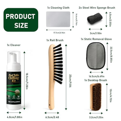 200ml Billiard Tables Cleaner Spray Set, Billiard Felt Cleaner Accessories with 2 Pool Table Brushes, 1 Steel Wire Sponge, 1 Cloth