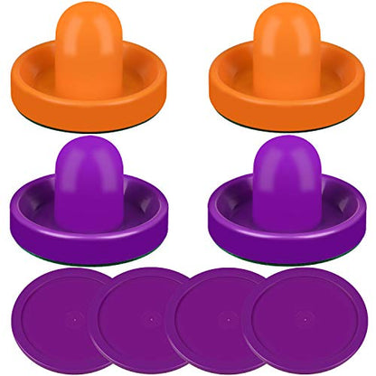 ONE250 Air Hockey Pushers and Red Air Hockey Pucks, Goal Handles Paddles Replacement Accessories for Game Tables (4 Striker, 4 Puck Pack) - color: Orange & Purple