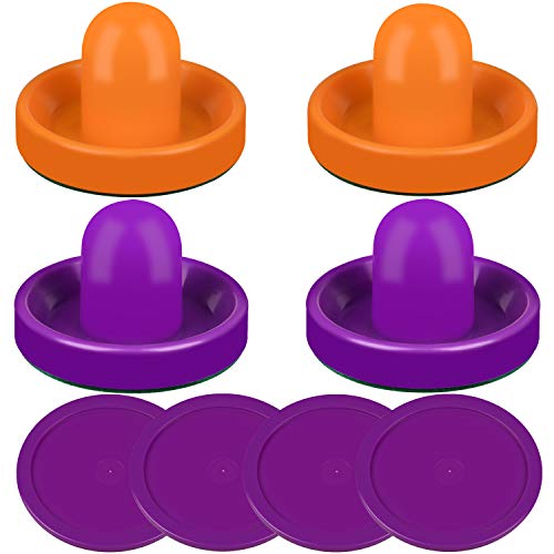 ONE250 Air Hockey Pushers and Red Air Hockey Pucks, Goal Handles Paddles Replacement Accessories for Game Tables (4 Striker, 4 Puck Pack) - color: Orange & Purple