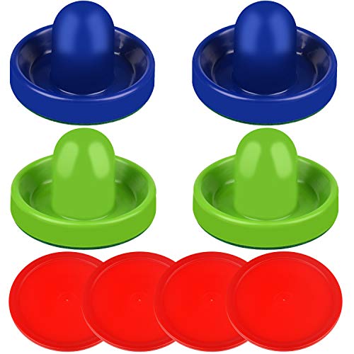 ONE250 Air Hockey Pushers and Red Air Hockey Pucks, Goal Handles Paddles Replacement Accessories for Game Tables (4 Striker, 4 Puck Pack) - color: Blue & Green