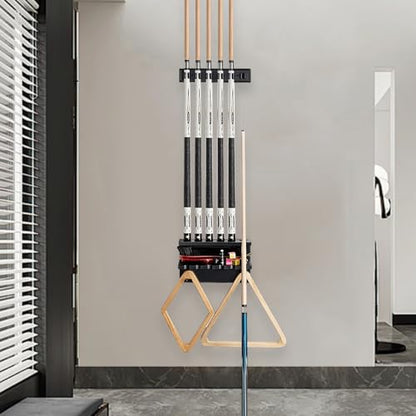 SUPERDIAMOND Hardwood Pool Cue Rack Wall Mount, 6 Pool Stick Holder with Accessory Storage Shelf & Triangle Hooks, Adjustable 2-Piece Space Saving Billiard Organizer for Game Room, Man Cave (Black) - size: 6 Cues, style: SU-wa6-Cue Racks-black2