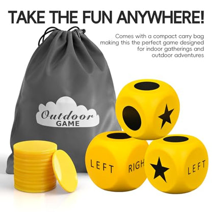 Giant Left Right Point Center Dice Game with 24 Large Chips & Carry Bag. 3.5" Jumbo Foam Indoor/Outdoor & Lawn Dice Game for Family - color: Jumbo Yellow Foam Dice