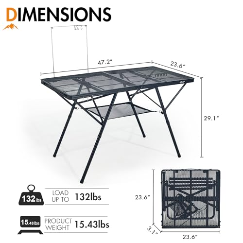 Portal Iron Mesh Folding Grill Table with 2 Adjustable Heights(15" & 29"), Heavy Duty Metal Camp Table, Heat-Resistant Tabletop for BBQ & Outdoor Cooking, One-Piece Folding Design, Dark Gray