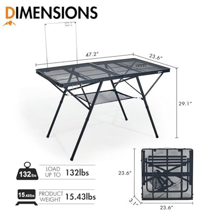 Portal Iron Mesh Folding Grill Table with 2 Adjustable Heights(15" & 29"), Heavy Duty Metal Camp Table, Heat-Resistant Tabletop for BBQ & Outdoor Cooking, One-Piece Folding Design, Dark Gray