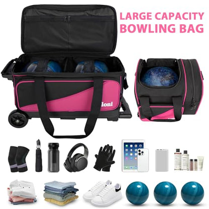 Goloni 3 Ball Bowling Bag with Wheels, 2+1 Double Roller Bowling Bag with Shoe Compartment,Tote Bag for Bowling Accessories - color: 3 Ball-Pink